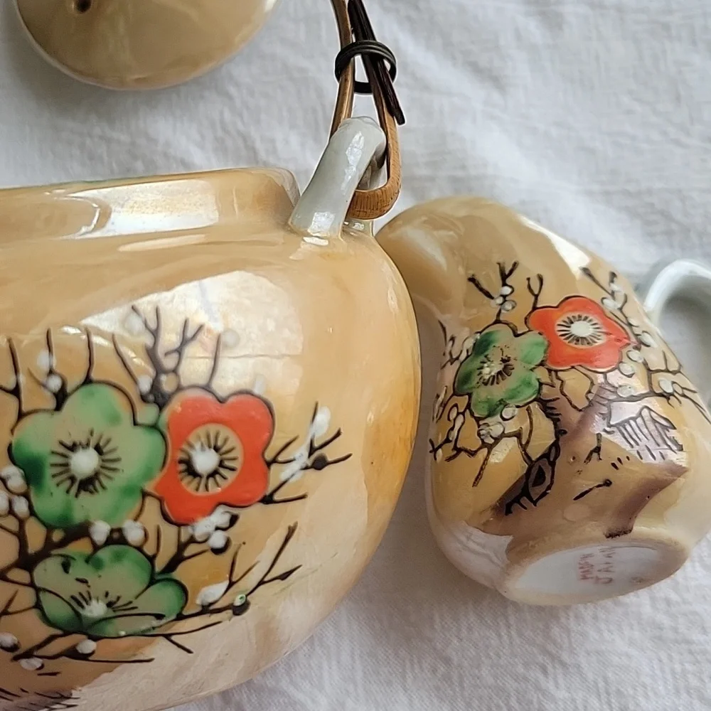 Vintage Japanese Hand Painted Floral Teapot And Pitcher.  Bamboo Handle. - Picture 3 of 10